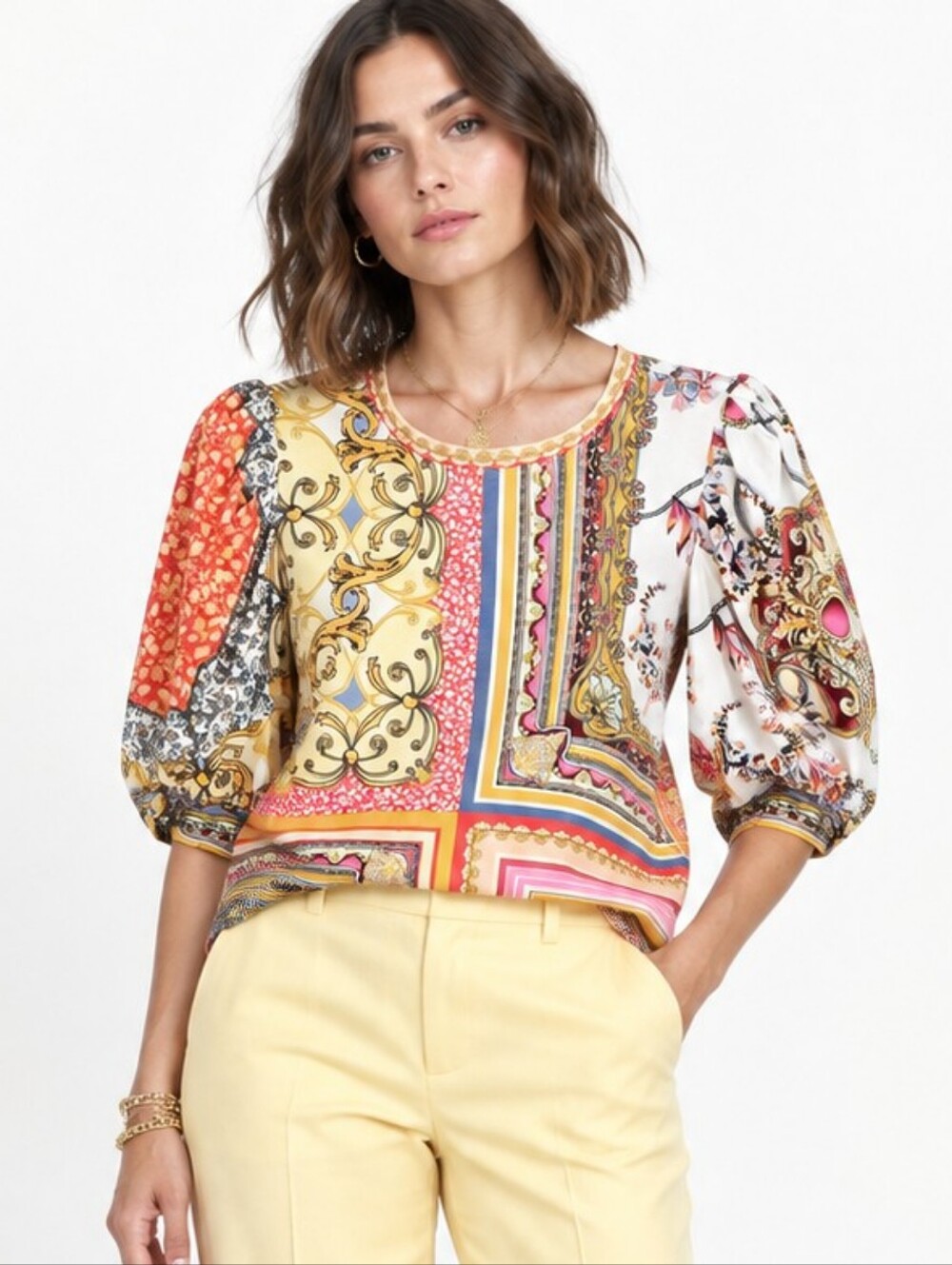 Hale Bob Questa Jersey Top Patchwork Print Puff Sleeve — Yellow Pink White